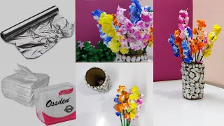 DIY  Foil paper flower vaseALUMINIUM FOIL CRAFT IDEA Best out of wasteCraft ideasHome Decor [upl. by Accisej]