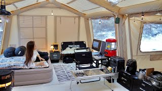 10°C winter camping in the snow in an inflatable tent with balcony [upl. by Gayelord]