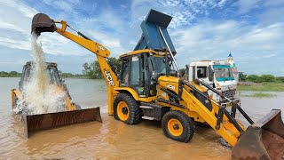 Washing with Fun JCB 3dx Eco  Kirlosker JCB Backhoe and Tata Truck Washing in Village Pond [upl. by Eelra870]