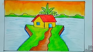 Easy house and river scenery drawing for kids  kids landscape drawing [upl. by Nodyl671]