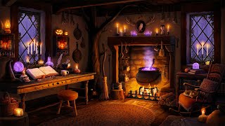 Cozy Witch Cottage  Halloween Ambience with Fireplace Rain amp Distant Thunder for Relaxation [upl. by Solracnauj]