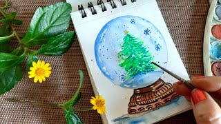 Watercolor Christmas cards  Christmas tree in snowball painting  Christmas drawing [upl. by Ayatan438]