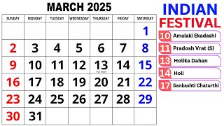 Calendar March 2025  March Calendar 2025 with Holidays  March 2025 Calendar  Calendar March 2025 [upl. by Oran]