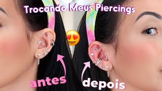 TROCANDO MEUS PIERCINGS DA ORELHA TRAGUS HELIX FLAT CONCH [upl. by Wald]