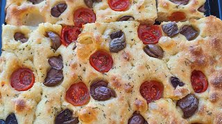 Easy Homemade No Knead Focaccia Recipe With Cherry Tomatoes And Olives [upl. by Zaob823]