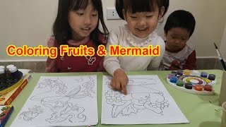 Coloring page Fruits amp Mermaid for children How to Paint for kids Coloring with watercolor [upl. by Ytsirk]