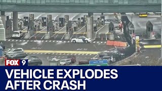 Vehicle explodes after crash on Rainbow Bridge in Niagara Falls [upl. by Reinal]