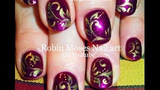 Purple Nail Art  Wine With Gold Filigree Nails design tutorial [upl. by Hsizan810]