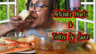 Whispering ASMR Artichoke Crab Legs Shrimp Ramen TeeRex Dip Sauce [upl. by Fauman]