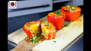 Paprika gefüllt mit Hackfleisch Reis und Eie  Schnell und lecker im Ofen mit Käse gebacken [upl. by Basile396]