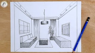 How to drawing in 1point perspective  Interior Design كيف أرسم بالمنظور تصميم داخلي حجرة الجلوس [upl. by Ecirtap945]