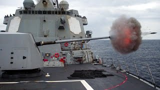 The BAE Systems 127mm Mk 45 Mod 4 gun in action [upl. by Tlok357]