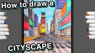 How to Draw a CITYSCAPE and One Point Perspective advanced level [upl. by Adriene829]