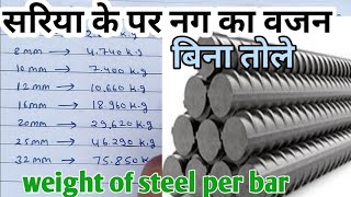 सरिया के 1 नग का वजन what is weight per kg of steelsteel weight per sq ft steel weight of bar [upl. by Ylam555]