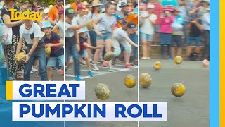 The great Australian Pumpkin roll at Goomeri Pumpkin Festival  Today Show Australia [upl. by Notxed]