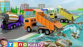 Hammer Drill Excavator amp Construction Trucks for Kids  Breakwater Construction [upl. by Tnelc]