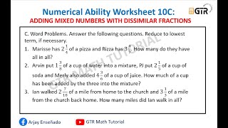 Word Problems on Adding Mixed Numbers with Dissimilar Fractions  Civil Service Exam Worksheet 10C [upl. by Walters]