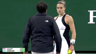 DRAMA ON COURT GAUFF SAKKARI INDIAN WELLS MARCH 15 2024 UMPIRE KADAR NOUNI [upl. by Nallak798]