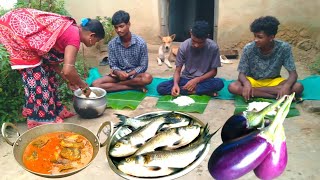 SMALL FISH curry with BRINJAL cooking in traditional method by tribe family l Village life [upl. by Belier]