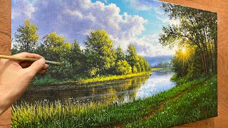 Acrylic landscape painting  How to paint the morning sun by the lake  A Lu Art [upl. by Narual187]