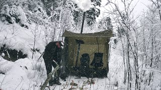 Hot tent on snowy day and night  Make food on stove  Walk at night in deep snow [upl. by Indira]