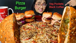 Eating Pizza Burger Veg Pockets  Big Bites  Asmr Eating  Mukbang  Pizza Asmr  Burger Asmr [upl. by Natica]