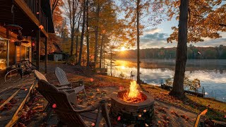 Cozy Autumn Ambience with Falling Leaves Fire Pit and Soothing Lake sounds to Relax Study [upl. by Dlorah]