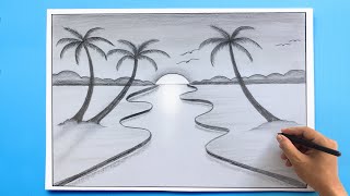 Most Easy Sunset Scenery Drawing with Pencil [upl. by Dre484]