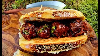 Big Beef Balls Sandwich prepared and cooked in the forest ASMR CAMPFIRE CAMPING [upl. by Burg]