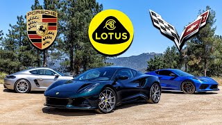 Lotus Emira vs Cayman GTS and Corvette Stingray – Everyday Exotics  Everyday Driver [upl. by Nuhsar]