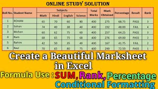 How to Create Beautiful Marksheet in Excel  formula  Conditional formatting Rank Percentage SUM [upl. by Shetrit]