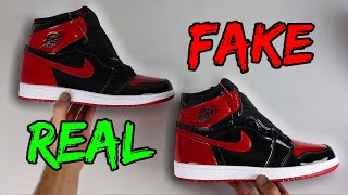 REAL VS FAKE NIKE AIR JORDAN 1 PATENT BRED SNEAKER COMPARISON [upl. by Dimah972]