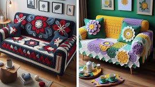 Nice Crochet sofa cover unique design with flower ideas [upl. by Arinayed709]