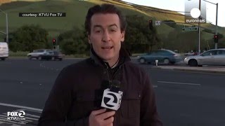 Reporter nearly hit by car live on TV California [upl. by Orelie]