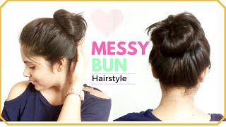 1 Minute EASY Everyday Messy Bun Hairstyle  Simple Bun Hair Tutorial for Medium hair [upl. by Basil369]