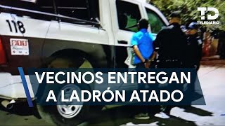 Vecinos capturan a ladrón y lo entregan a la policía atado de pies y manos en Juárez NL [upl. by Notsle]