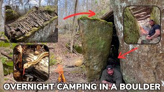 Solo Overnight Lost Hiker in the Woods Shelters Inside of a Boulder [upl. by Leesen807]