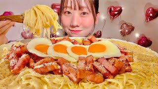 ASMR Carbonara with Fried Egg【Mukbang Eating Sounds】【English subtitles】 [upl. by Scoville]