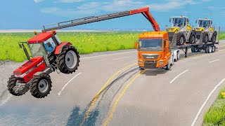 Double Flatbed Trailer Truck vs Speedbumps Train vs Cars Tractor vs Train BeamngDrive 1354 [upl. by Fritzie]