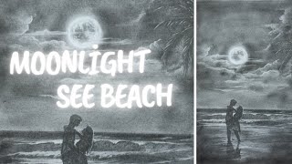 Moonlight Beach Pencil Sketch Romantic Moonlight Beach  Moonlight Beach Black and White [upl. by Obbard]