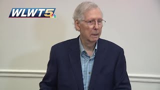 VIDEO Sen Mitch McConnell appears to freeze during media gaggle before being escorted out [upl. by Ahsaetan]