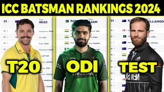 ICC Batsman Rankings 2024 Top 10 Batsman Rankings in ODI Test And T20 [upl. by Schaab]