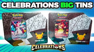 Opening Pokemon Celebrations Lances Charizard V amp Dark Sylveon V BIG Tins EXCLUSIVE [upl. by Rhonda]