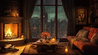 A Rainy Day in Cozy Room Ambience 🔥 Piano Jazz Music Crackling Fire Rain Sounds for Sleep amp Focus [upl. by Sina]