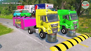 Double Flatbed Trailer Truck vs speed bumpsBusses vs speed bumpsBeamng Drive1006 [upl. by Heber]