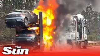 Several electric cars go up in FLAMES while being transported by truck shorts [upl. by Golliner]