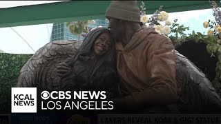 Statue honoring Lakers legend Kobe Bryant and his daughter Gianna unveiled outside Cryptocom Arena [upl. by Aisayt]