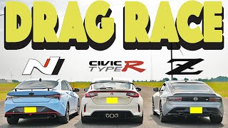 2023 Honda Civic Type R takes on Nissan Z and Hyundai Elantra N drag and roll race [upl. by Eyaj]