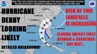 Hurricane Debby looking likely Major impacts for Florida Georgia amp the Carolinas latest info [upl. by Ellebasi]