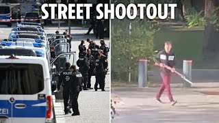 Moment terrorist 18 wields huge WWII rifle before being shot dead by Munich cops in gun battle [upl. by Roer]